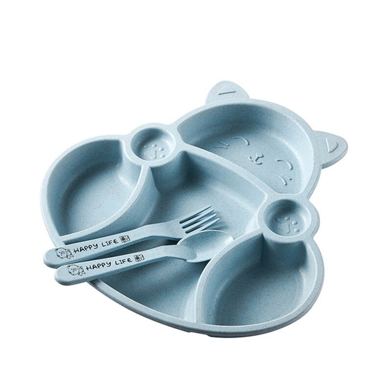 Juego de platos con dibujos de gatos para niños, paja de trigo, comida sólida, cuchara, tenedor, plato, plato duradero, bandeja para la cena y el almuerzo.: Azul