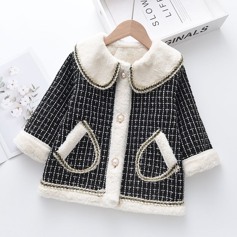 Girls Princess Coats Thick Fur Jackets Children Plaid Clothes Little Girls Tweed Cute Clothing 2-7 Years