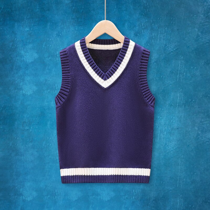Sweater Vest Boys Girls Autumn Winter Pullover School Uniforms College Style Cotton Sweater Teens Children Waistcoat V-Neck Coat: Dark blue / 14