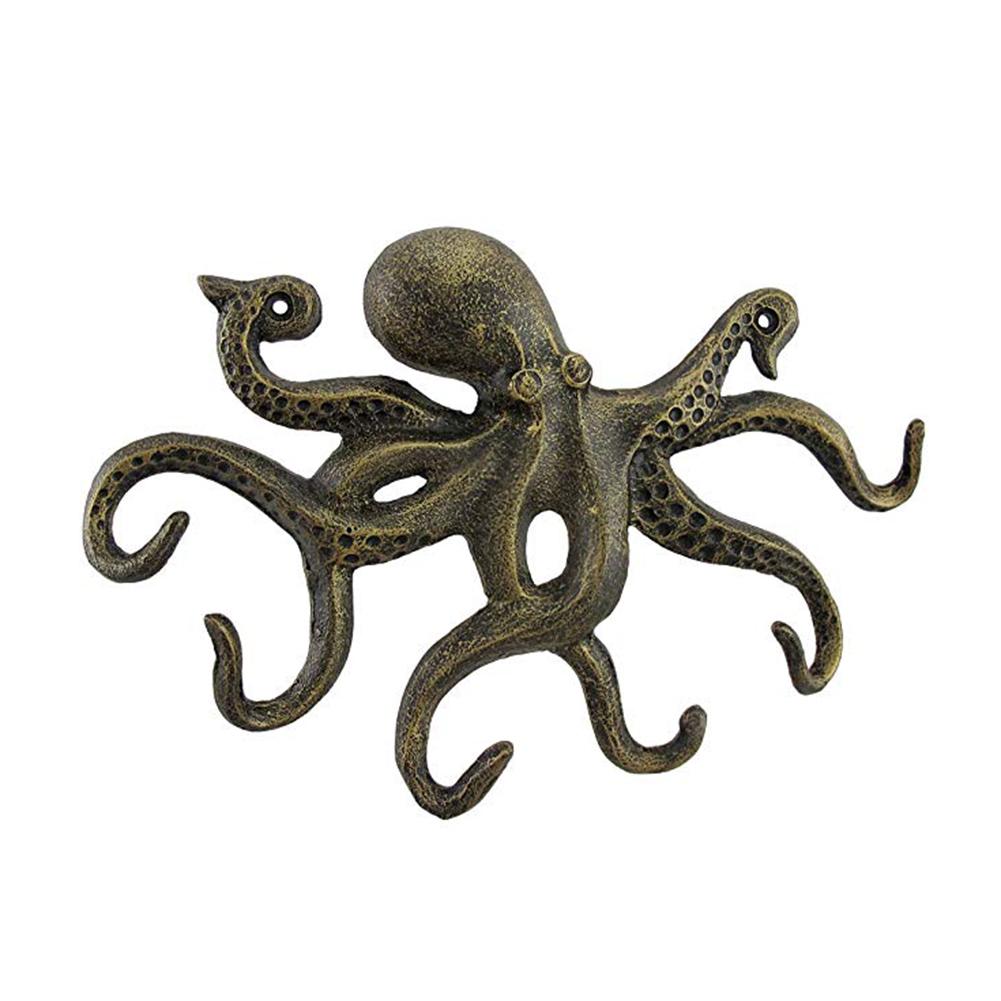 Cast Iron Octopus Key Hook Antique Decorative Wrought Iron Swimming Octopus Hook With 6 Tentacle Shaped Hooks: Black Rub Gold