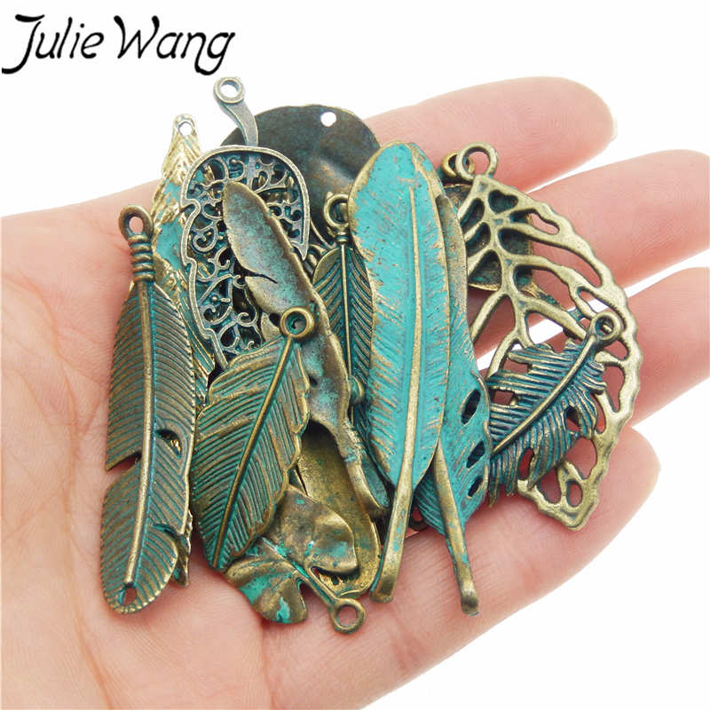 Julie Wang 14 Pcs Bladeren Veer Charms Lichtmetalen Antiek Brons Willekeurige Gemengde Hangers Ketting Bevindingen Sieraden Maken Accessoires