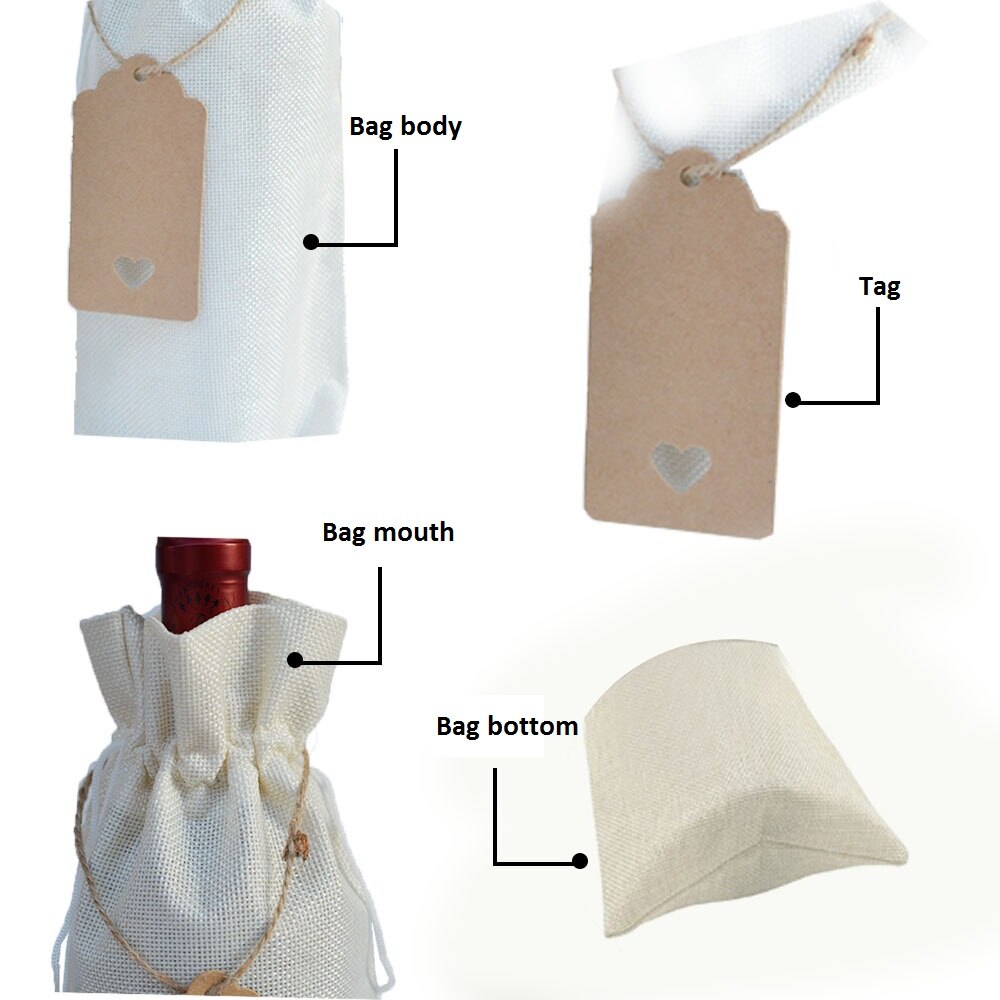10 pcs/lot bouteille de vin couvre cordon sac avec étiquette coeur ensemble toile de jute pochettes en lin pour noël mariage décoration sac de rangement