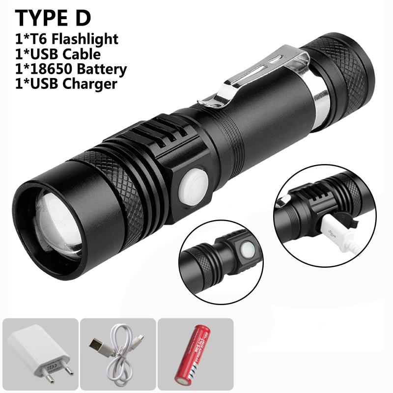 Powerful 6000ml T6 Flashlight Aluminum Waterproof Zoomable Mini Flashlight 18650 Rechargeable For Camping charging lamp: TYPE D