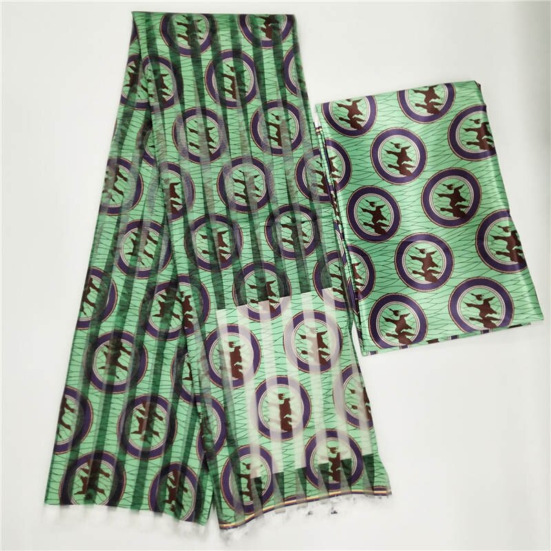 Fashionable African Wax Printed Organza Ribbon fabric 4 yards match 2 yards silk fabric !: Fluorescent Green