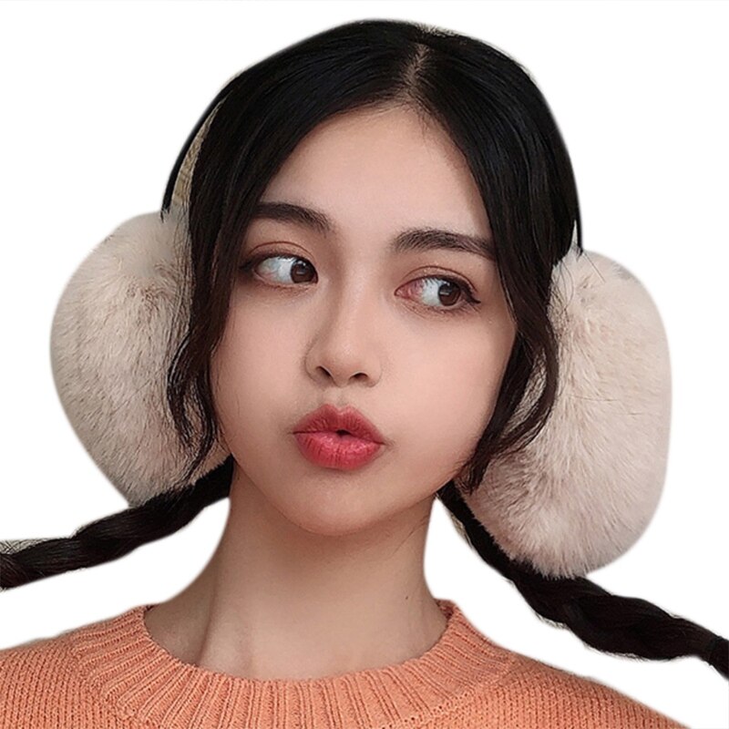 Korean Women Men Unisex Winter Thicken Fluffy Plush Earmuffs Headband Simple Solid Color Adjustable Ear Covers Warmers Hair Hoop: Light Khaki