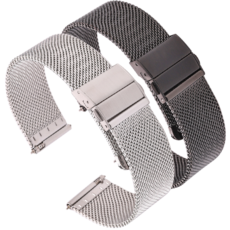 Mesh Milanese Loop Horloge Band Armband Rvs Zilver Zwart Polshorloge Strap Deployment Sluiting 16Mm 18Mm 20mm 22Mm 24Mm