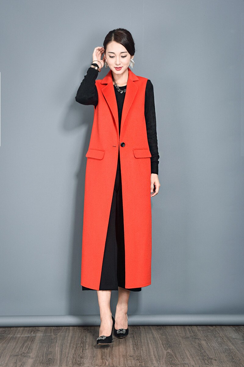 Herfst Lange Vest Slanke Orange Rode Plus Size Lange Wollen Vesten Mouwloze Jas Womens Wol Vesten Winter Bovenkleding Vest Vrouwen