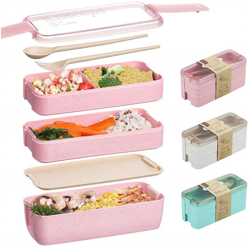 Draagbare Gezonde Materiaal Lunchbox 3 Layer Tarwe Stro Bento Dozen Magnetron Servies Voedsel Opslag Container Voedsel Doos #30