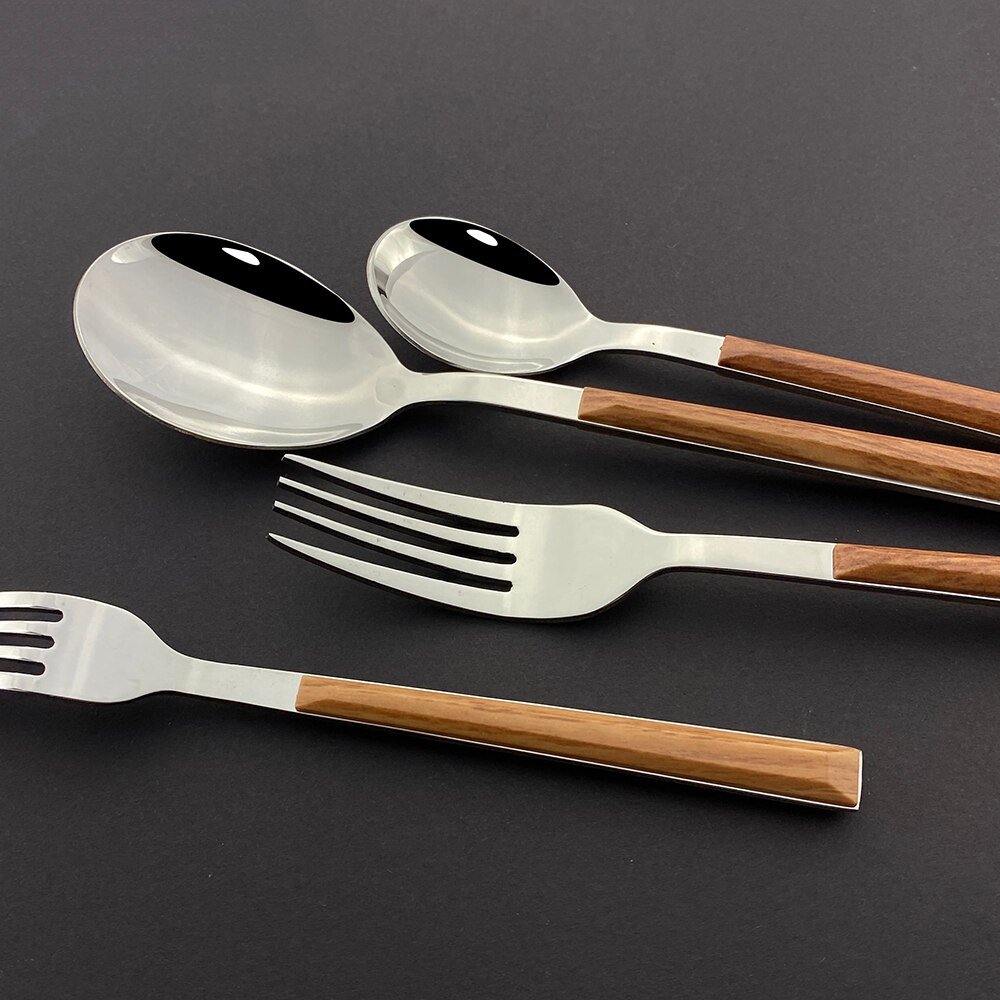 20Pcs Zilveren Houten Handvat Westerse Servies Set Roestvrij Stalen Bestek Set Mes Vork Lepel Theelepel Diner Servies Set