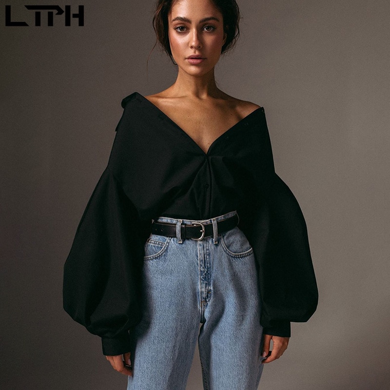 , otoño , nuevas blusas para mujer, mangas acampanadas, ropa de calle con solapa, informal, suelta, botón Delgado, Camisa lisa simple