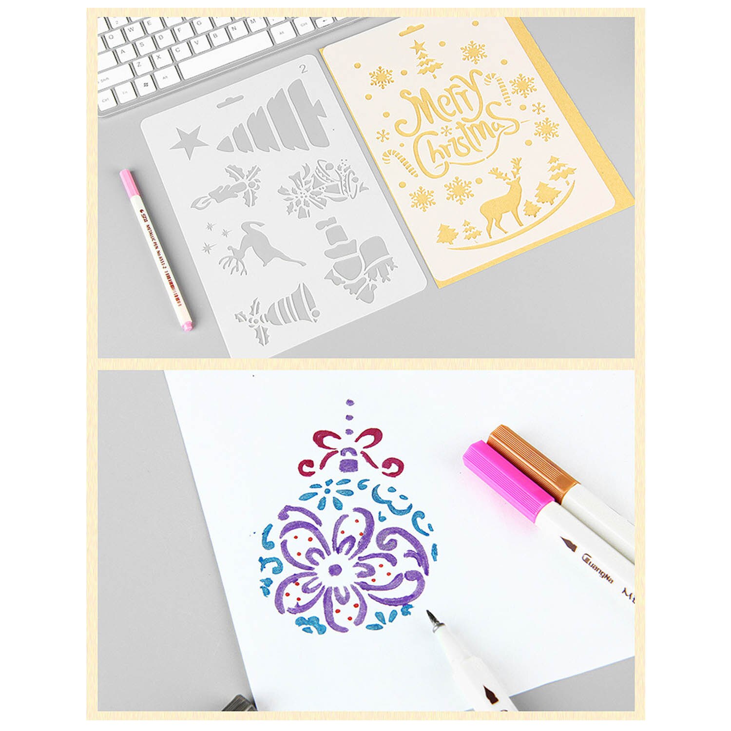 12Pcs Merry Christmas Painting Drawing Stencils Templates DIY Arts Set Toy Pigment School Project Craft Album Card Supplies