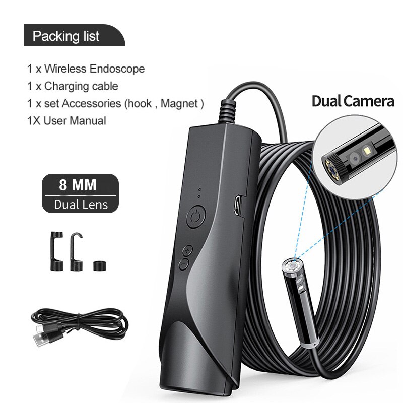 4,9mm/ 8mm Dual Endoskop Kamera 2,0 MP Drahtlose Schlange Kamera Kanalisation Kamera Mit 6 LED-leuchten für Android IOS Samsung Iphone: 1m / 8mm Dual Linse