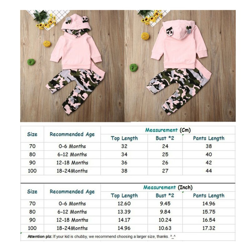 Kinderen Baby Meisjes Kleding Set Peuter Herfst Hooded Roze Top + Camo Broek Broek Baby Meisjes Sweatshirt 2 stuks 0-2T