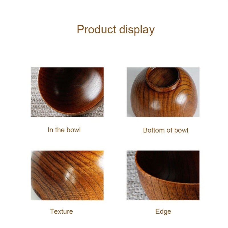 Natural Wooden Bowl with chopstick Spoon Salad Bowl Rice Fruit Bowl Food Container Kitchen Utensil Kids Children Snack Bowl