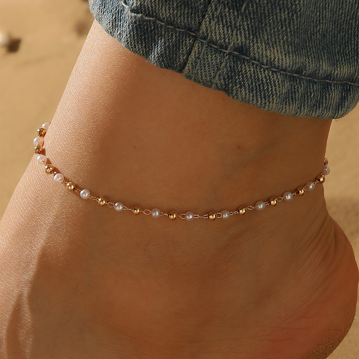 QIAMNI Nachahmung Perle Perlen Kette Fußkettchen für Frauen Mädchen Bein Armbänder Bodychain Sommer Strand Zubehör Hochzeit Schmuck