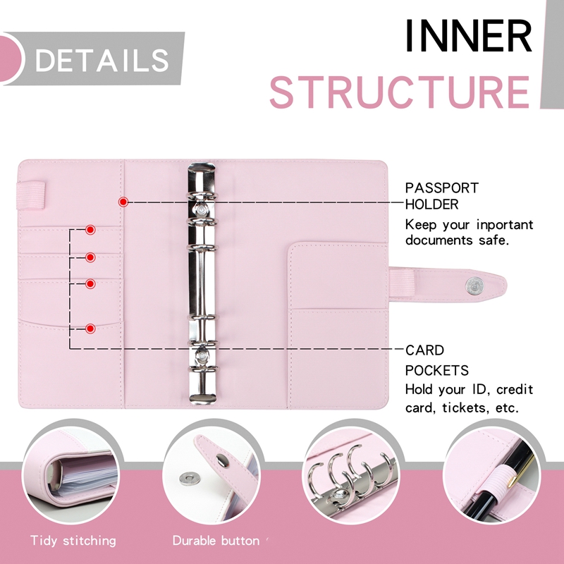 A6 Binder PU Leather Budget Planner Refillable 6 Round Rings Binder Cover Notebook Folder with Envelopes