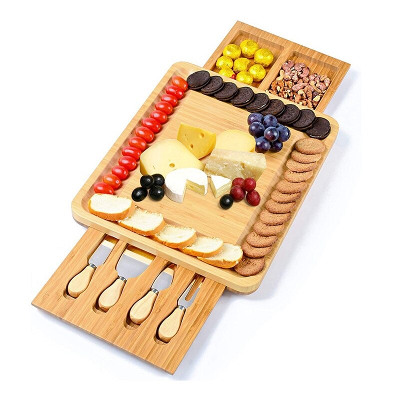 Natural Bamboo Cheese Board And Knife Set With Cheese Tools Cheese Plate Cheese Board Chopping Board With Four Knives
