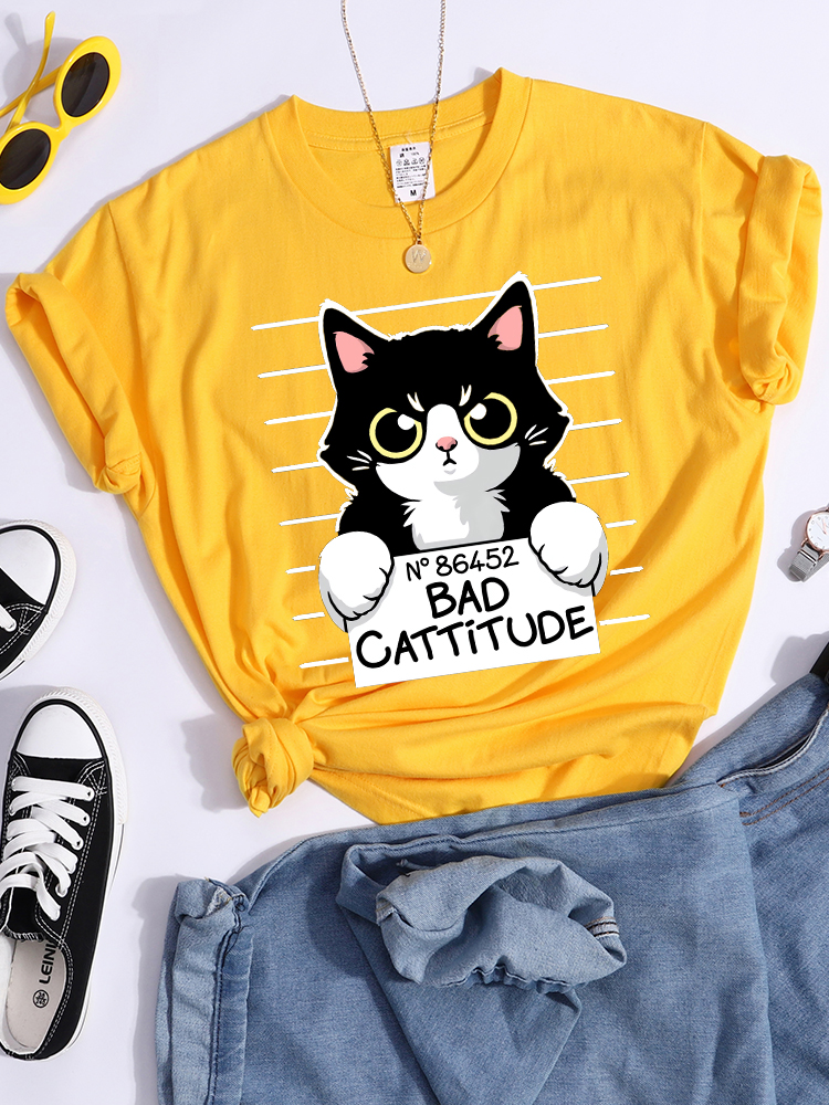 No86452 Slechte Cattitude Grappige Kat Womens T-shirt Casual Sport T Shirts Ademende Zomer Tee Shirt Street Creativiteit T-shirt Vrouwen: S / Sky Blue