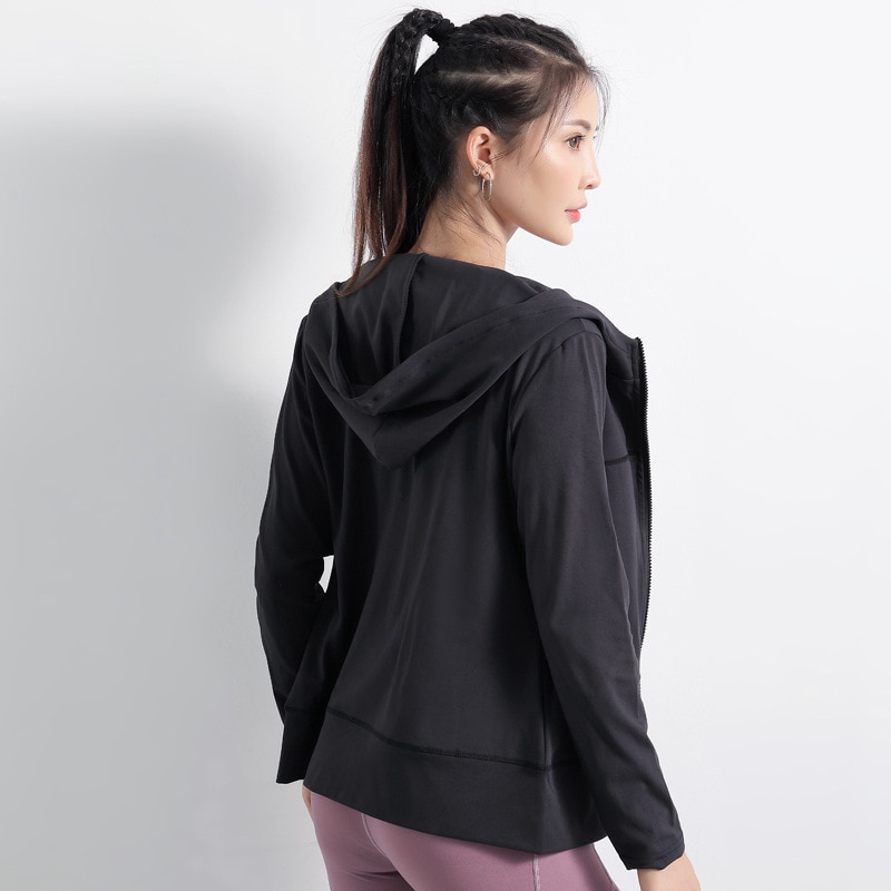 Hætteklædte kvinder løbejakke yoga jakke lynlås jakke fitness tøj toppe sport gym sportswear sweatshirt: Sort / M