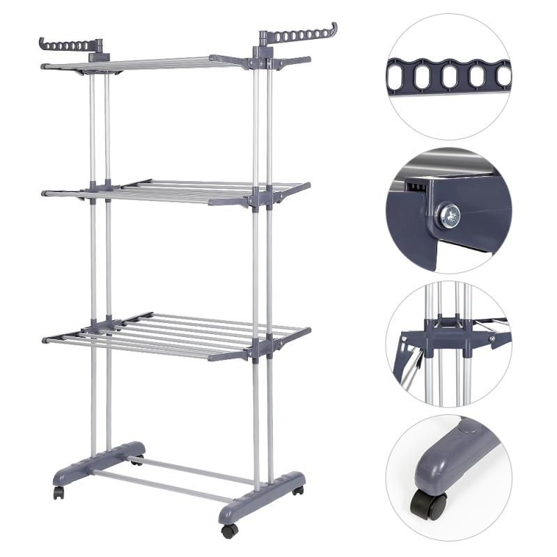 4 Tiers Verstelbare Droogrek Vloer Roller Kledingstuk Kleding Airer Roestvrij Wasserij Opknoping Drogen Opvouwbare Hanger Hwc