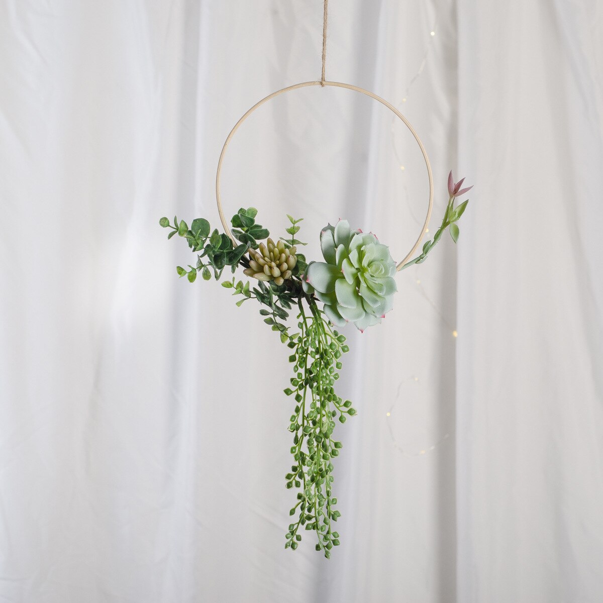 Cilected Artificial Succulent Hanging Plants Decor Wedding Wreath With Drooping Leaves Bamboo Hoop Garland For Wall Decoration: Color6