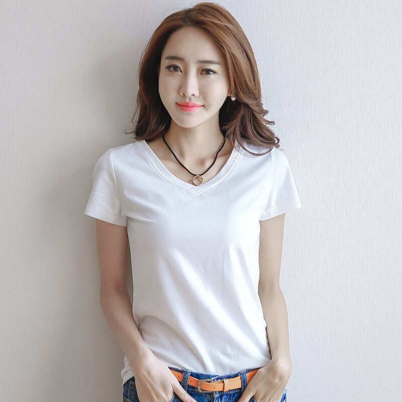 Vrouwen Wit Korte Mouw T-shirt Basic Dieptepunt Shirt Sping Zomer Solid Black Tees Slim Vrouwen Kleding Goedkope: L / WT