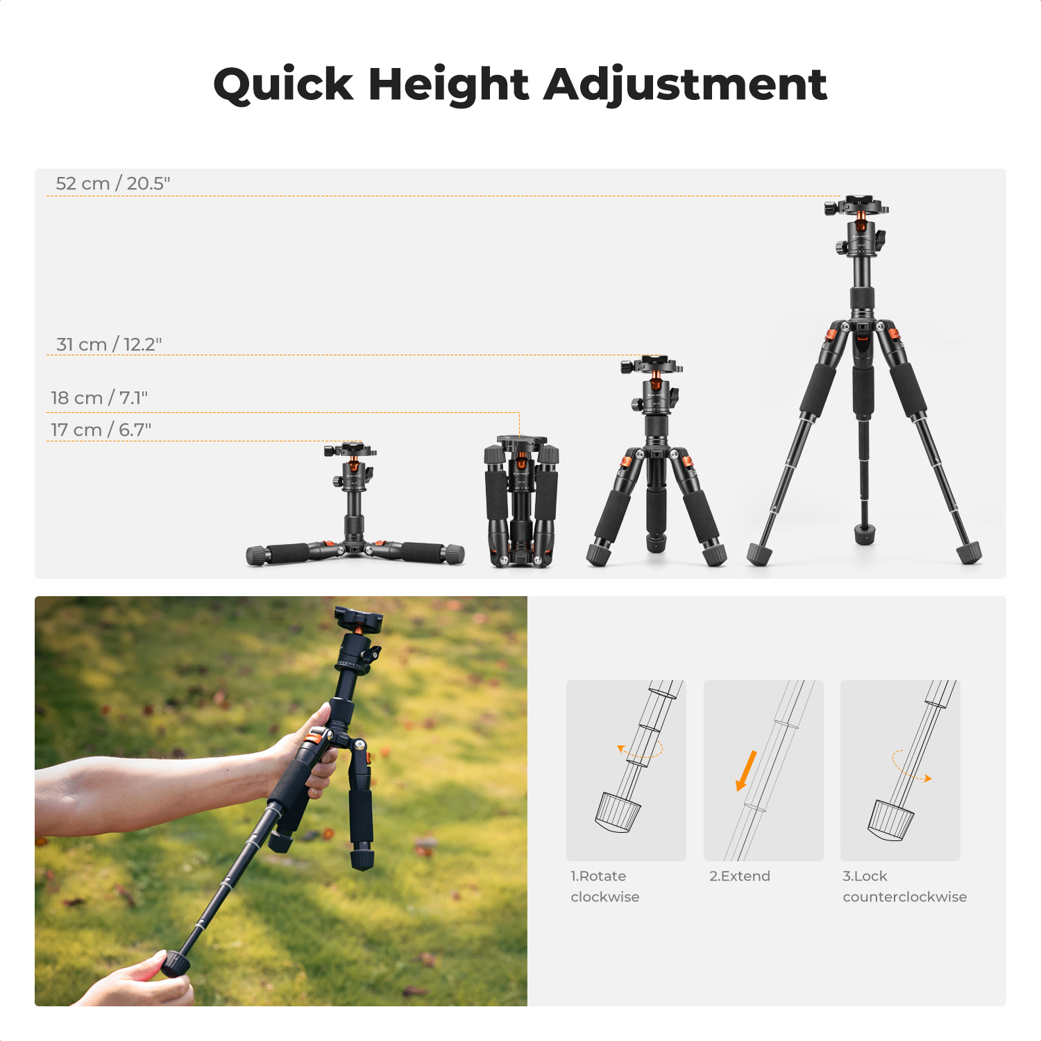K&F Concept 52cm Mini statyw biurkowy do aparatu Kompaktowy statyw 360 ° Niskoprofilowa śruba z łbem kulistym 1/4'' do kamery wideo