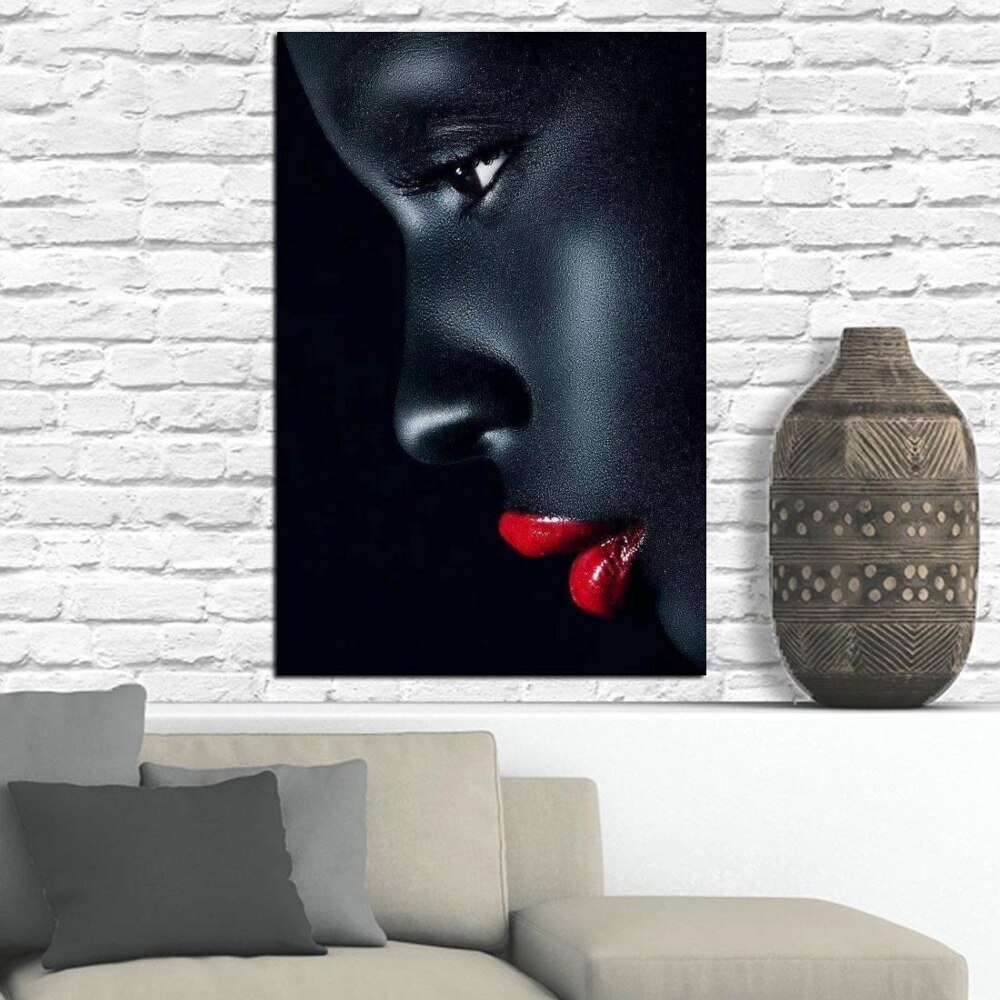 Wall Art Canvas Schilderij Poster Prints Rode Lipped Meisje Met Zwarte Huid Modulaire Foto Voor Slaapkamer Thuis Woonkamer Decoratie
