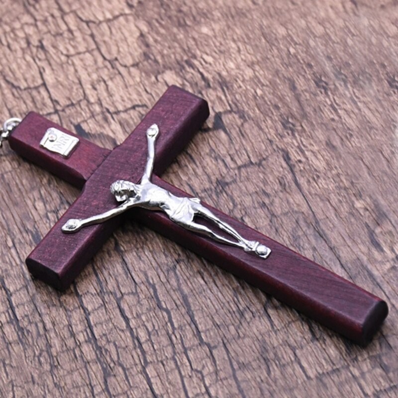 Collar religioso de madera con forma de cruz de Jesús para hombre, Colgante con cadena, joyería,