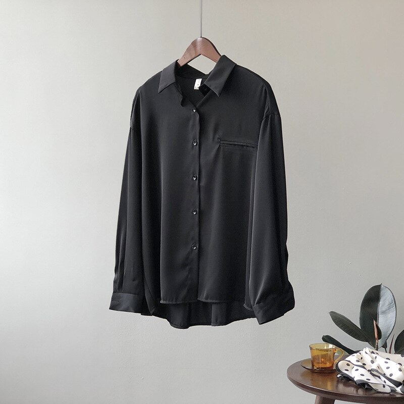 Kvinder lange ærmer satin skjorter turn-down krave v hals gade løse kvindelige bluser solid chiffon skjorte kvinder top ol stil: Bønnegrøn / M
