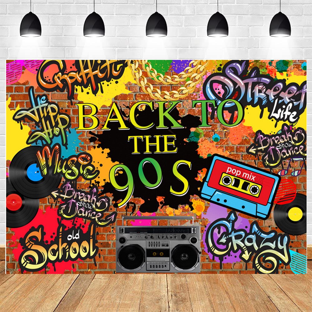 90’S Backdrop Hip Hop Graffiti Brick Wall Retro Radio Photography Background Back to The 90’S Themed Party Banner Decor