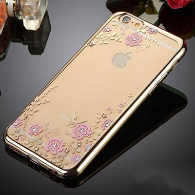 Dla iPhone 7 6S Plus 5 5S 6 przypadku Para Chic kwiat Flora Bling diament Rhinestone wyczyść miękka TPU poszycia skrzynka dla iPhone 7 przypadku: For iPhone 7 Plus / Gold Pink