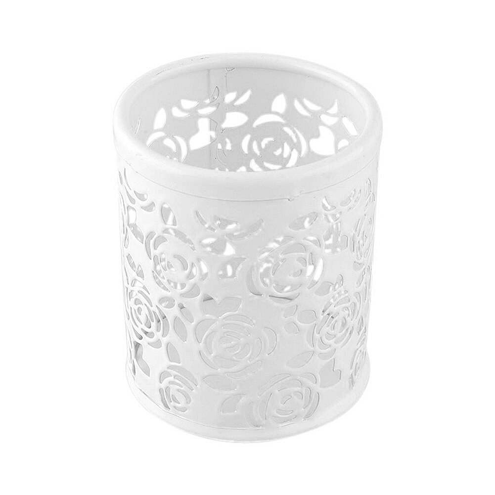 Metal hollow rose flower cylindrical pen pen holder holder container retro makeup brush holder office storage XH8Z: White