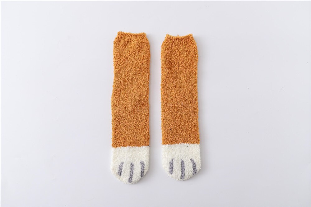 1 par blød plys koral fleece sokker pige rør sokker efterår vinter kat kløer søde tykke varme sovende gulv søvn sokker: Brun