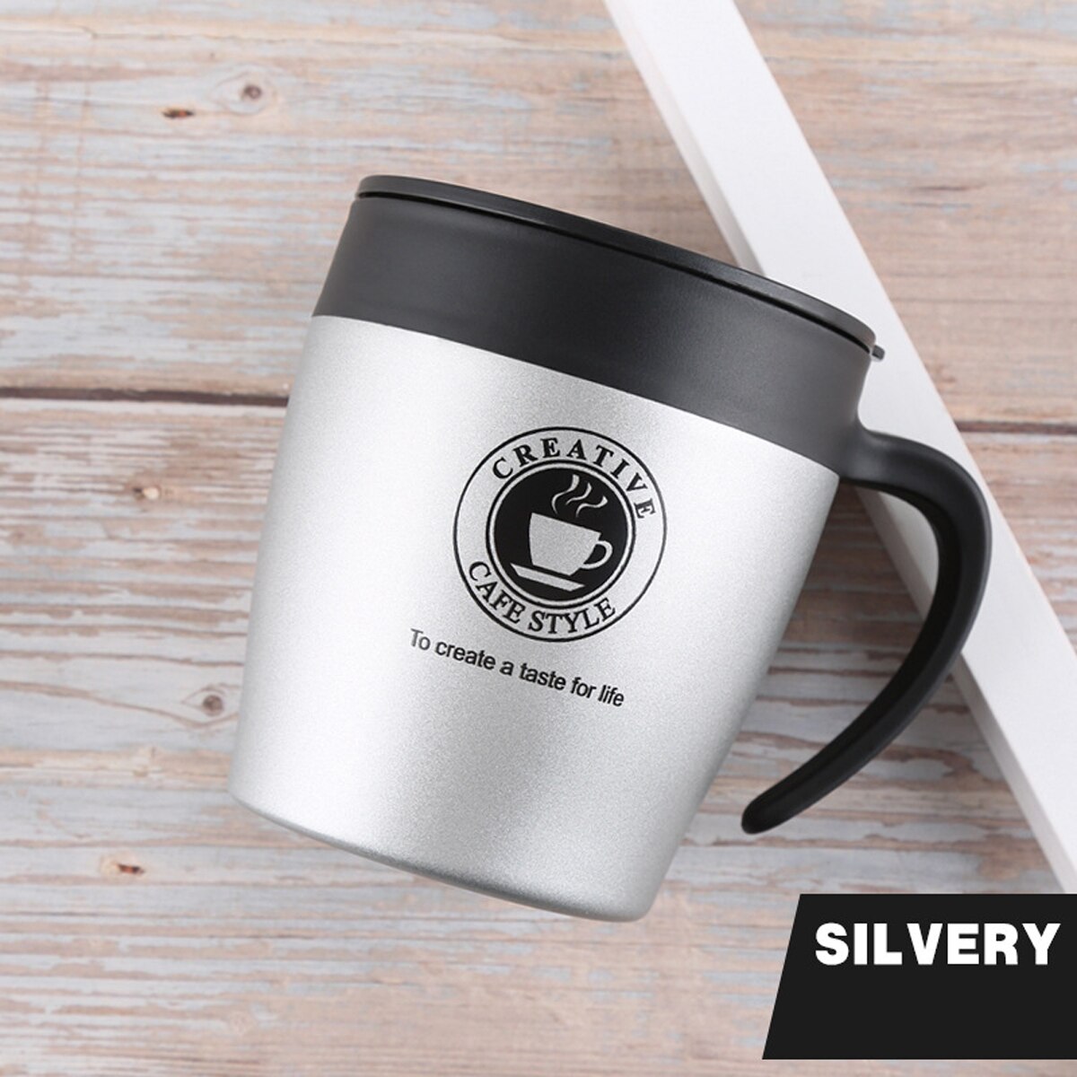 350ML Stainless Steel Coffee Mug Leakproof Non-slip Bottom Reusable Travel Drinks Insulated Cup Coffee Mug with Large Handle: Silver