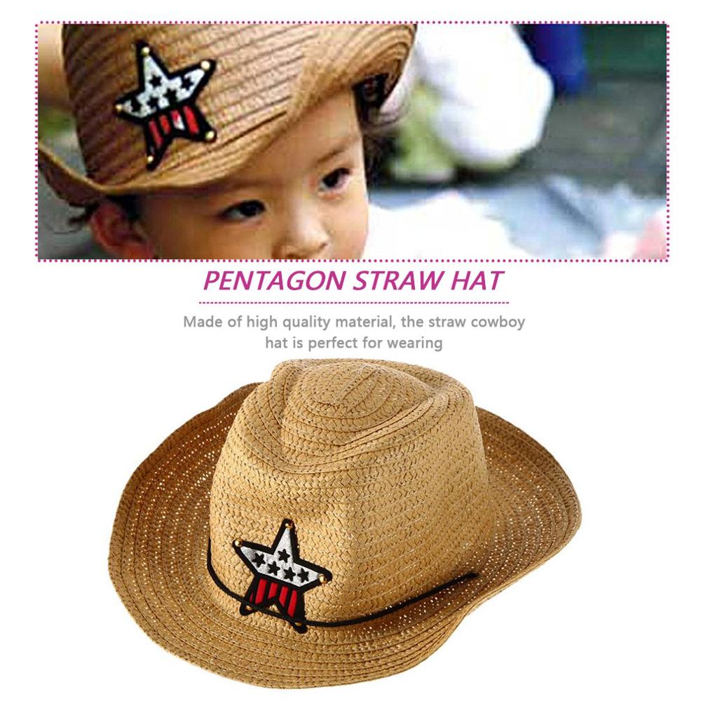 Stylish Children Kids Western Cowboy Straw Sun Hat Wind-proof Cap Summer Big Wide Brim Sunbonnet with Star Decoration