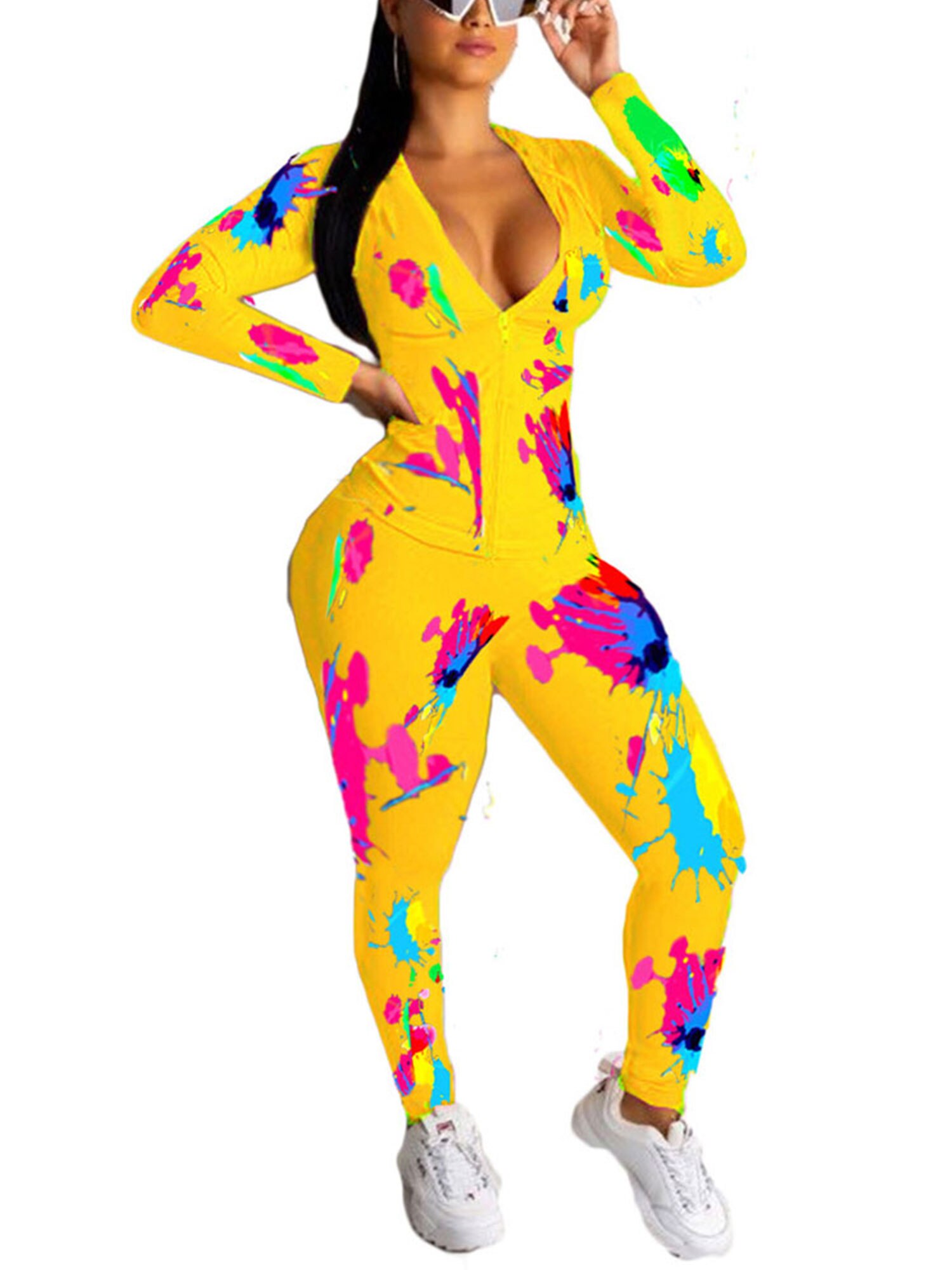 2Pcs Vrouwen Herfst Outfit, multicolor Afdrukken Lange Mouwen Rits Open Hoodie + Elastische Taille Broek Pak Voor Dames