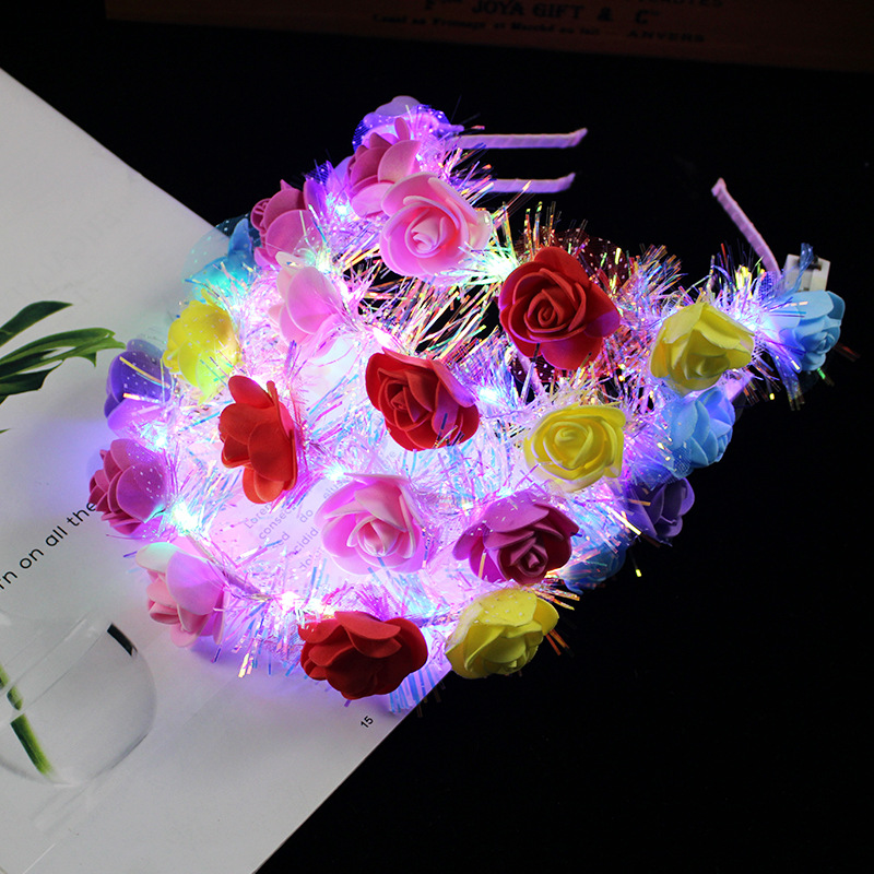 Diadema de flores con luz LED para niña y mujer, guirnaldas de pelo brillantes, suministros para de cumpleaños y Rave