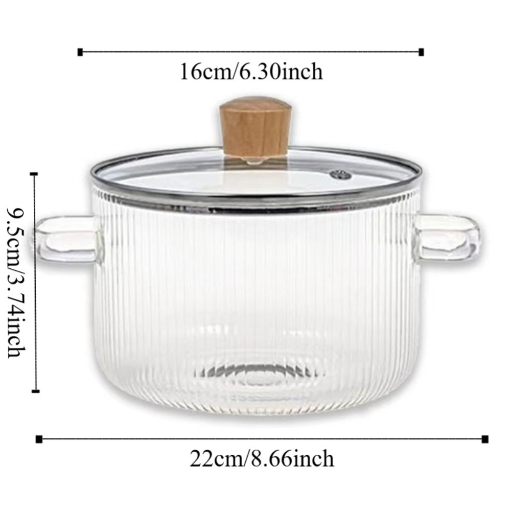 Cacerola de vidrio de borosilicato alto de 1,6l, olla de cocina con mango Binaural resistente al calor con tapa, tazón de fideos transparente Ramen