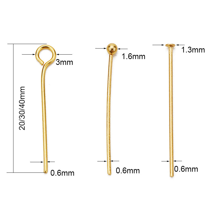 100 Uds. Agujas de cabeza plana de ojo de acero inoxidable a granel 20mm 30mm 40mm conector de alfileres de cuentas de bola de Color dorado para fabricación de joyas