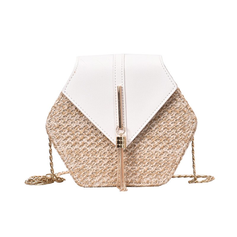1PC sac de paille hexagone sac à main paille + cuir gland métal bohême rotin épaule été plage chaîne sac pour femme: White
