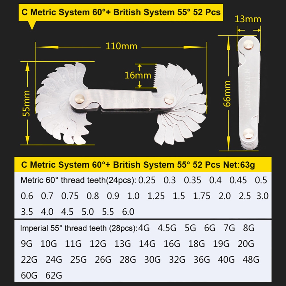 55/60 Degree Metric Inch Thread Gauge Gear Tooth Screw Pitch Gauges Measuring Carbon Steel Center Measurement Lathe tool