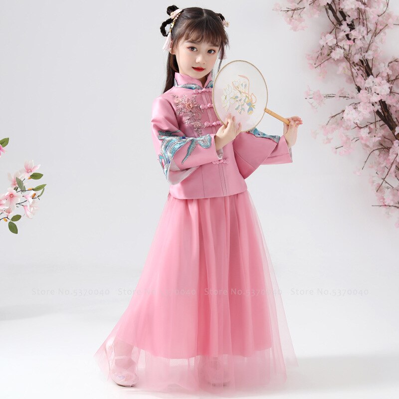 Cheongsam tradicional chino para niñas, traje Qipao Tang de manga larga, conjunto de vestimenta de Año , vestido de noche de princesa para niños