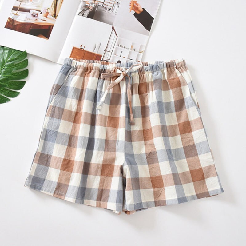 Summer Ladies Loose Thin Household Bottoms Women Cotton Sleeo Shorts Elastic Waist Soft Plaid Casual Pants With Pocket: pink plaid / XL