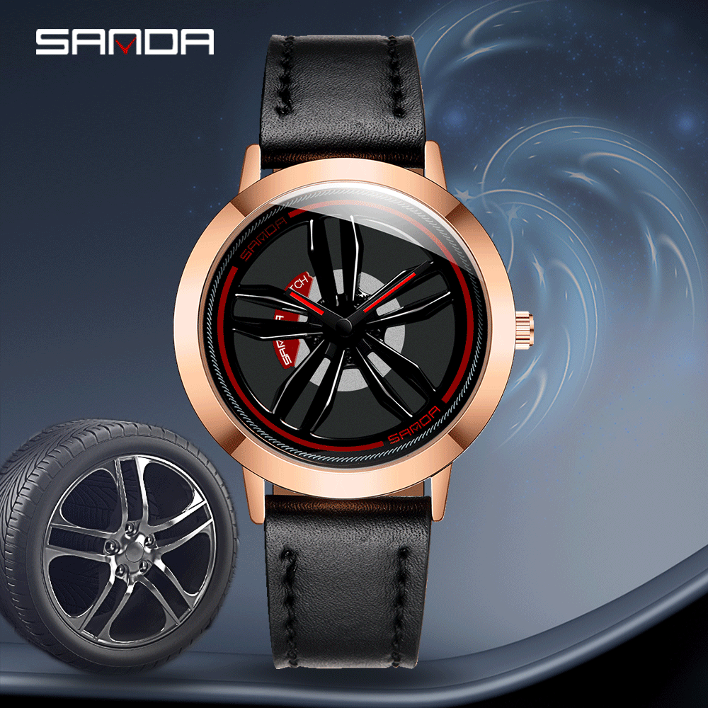 Rotating Wheel Dial Men Watches Car Rim Sports Quartz Watches Waterproof Leather Band Watches Relogio Masculino