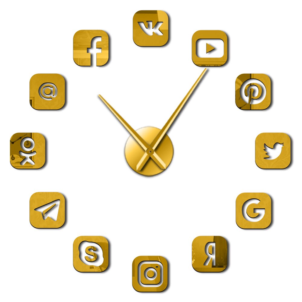 Social Media Symbols DIY Giant Wall Clock Watch Office College Dorm Decor 3D Frameless Icons Wall Time Clock for Teenagers: Gold / 37 Inch