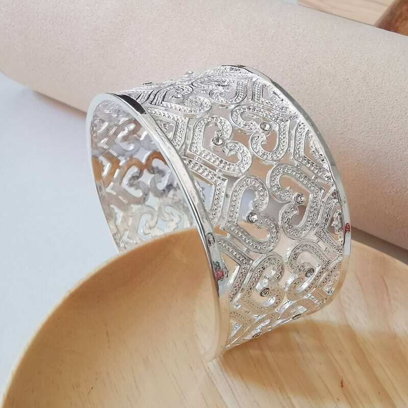 Reinem Silber 925 Armreifen Für Frauen Zirkonia Herz Breite Manschette Armreif & Armband Armband Pulseira Femme Erklärung Schmuck Bijoux