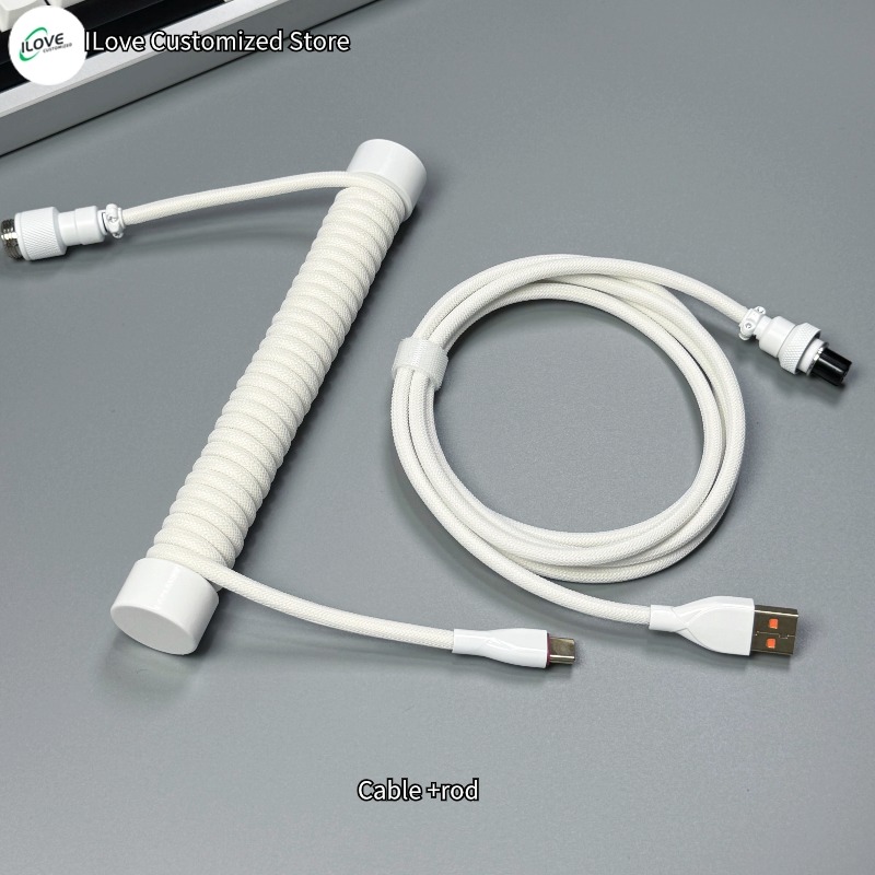 Coiled Keyboard Cable USB C + Protection Rod for Mechanical Gaming Keyboard Double-Sleeved Wire with Detachable Metal Aviator: WHITE