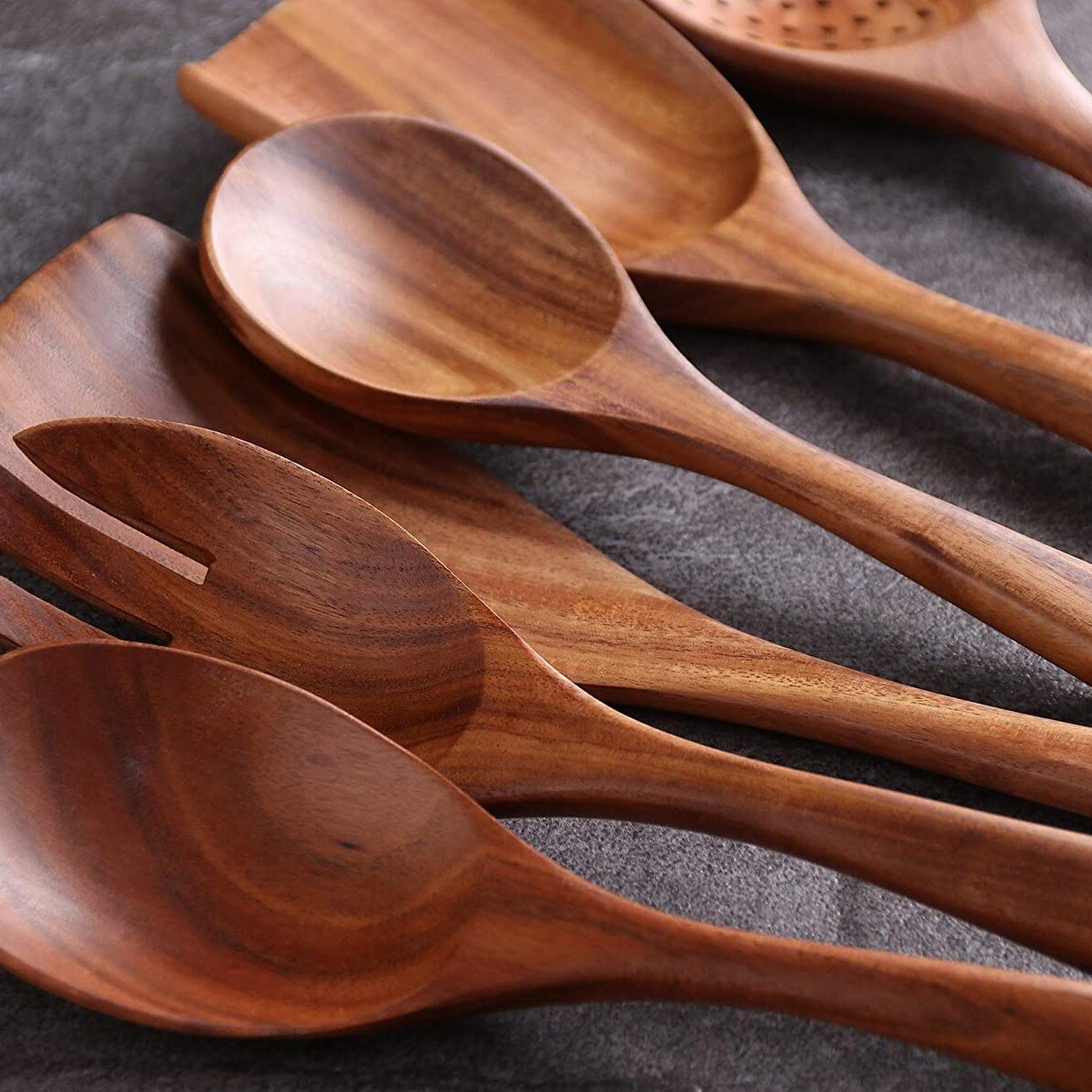 7 stk teak træ køkkenredskaber non-stick skeer og spatel køkkengrej til hjem og køkken