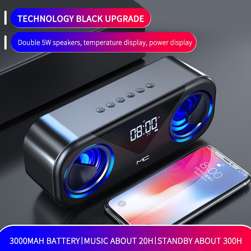 MC-H9 Bluetooth 5.0 Speaker Dual Speakers Speaker With Time/Temperature Display 3000mAh Intelligent Lithium Battery: Black